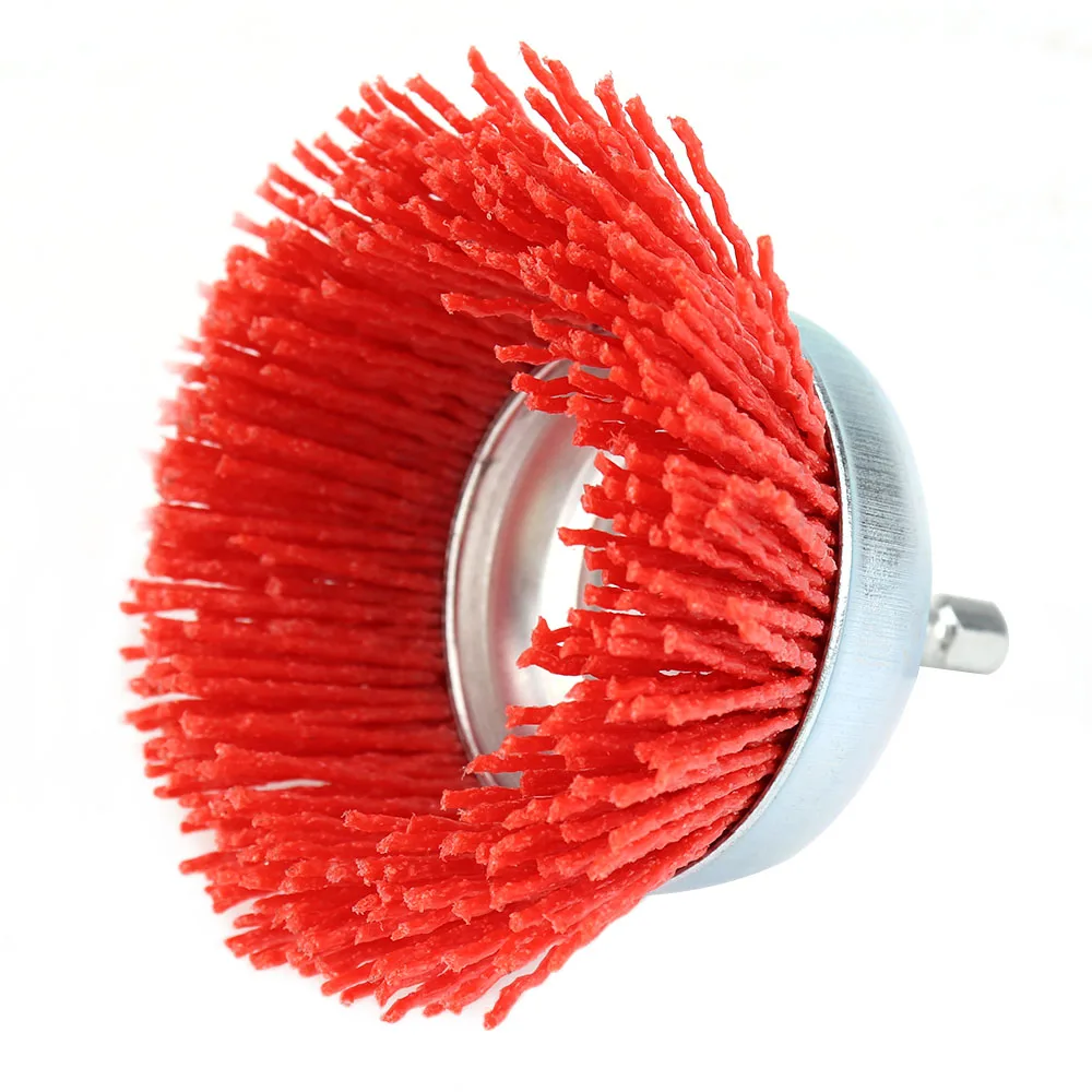 SIFANG 75mm Nylon Cup Brush Wood Polishing Wire Wheel Brush With Hexagonal Shank Abrasive Rust Removal Drill Rotary Tool Brush