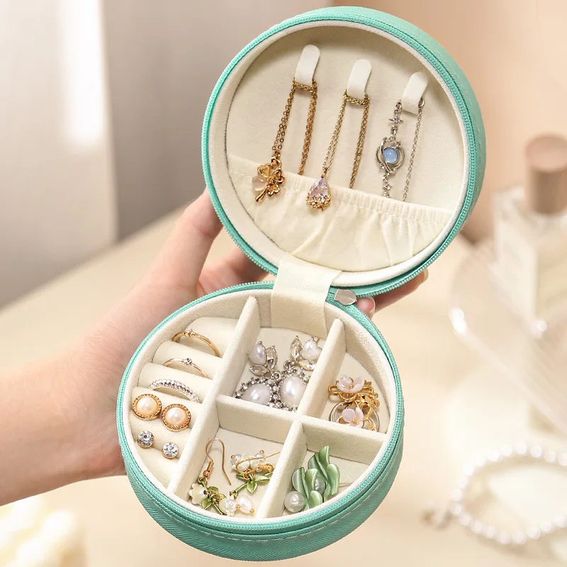 1 Pc PU Leather Jewelry Box Round Jewelry Organizer Case Multicolor Portable Necklace Earrings Rings Display Mini Storage Box