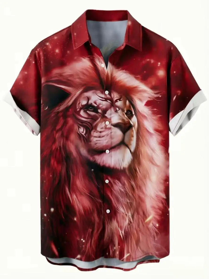 

Lion men's short sleeved shirt, fashionable trend, loose and breathable, street outdoor, casual and comfortable
