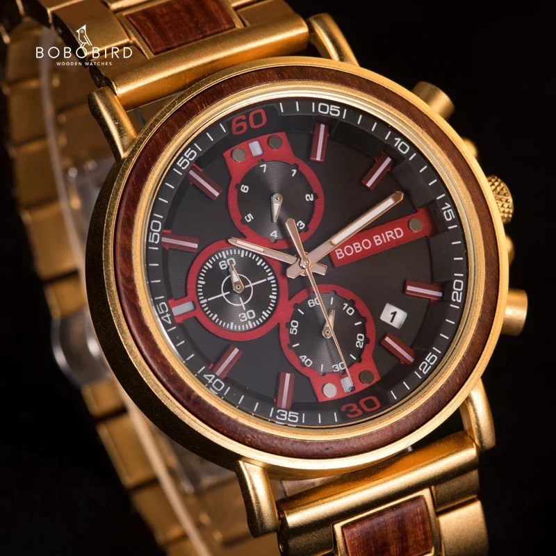 Customize Logo Name Men Wood Watches BOBO BIRD Fashion Calendar Stopwatch Personalized Quartz Wristwatches Gift Dropshipping