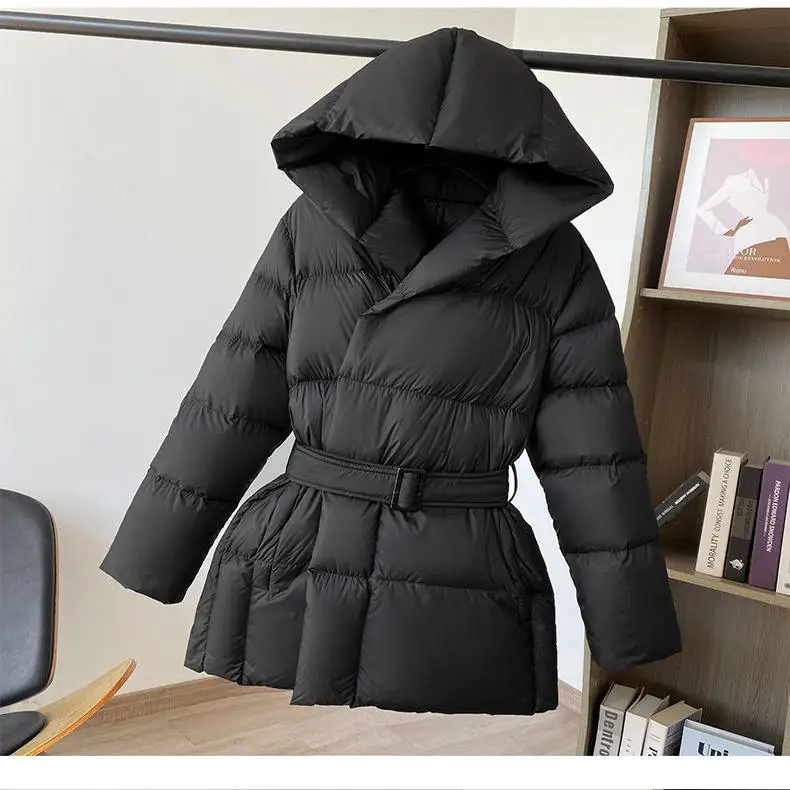 

Теплый белый пуховик Du Down Jaet, женское облегающее пальто средней длины с поясом, корейская версия, зимнее пальто, милое прямое пальто