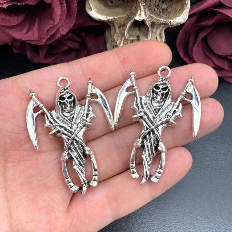 2pcs Antique Silver Grim Reaper Death God Skull Sickle Charms Designer Charms Pendant Fit Jewelry Making DIY Jewelry Findings