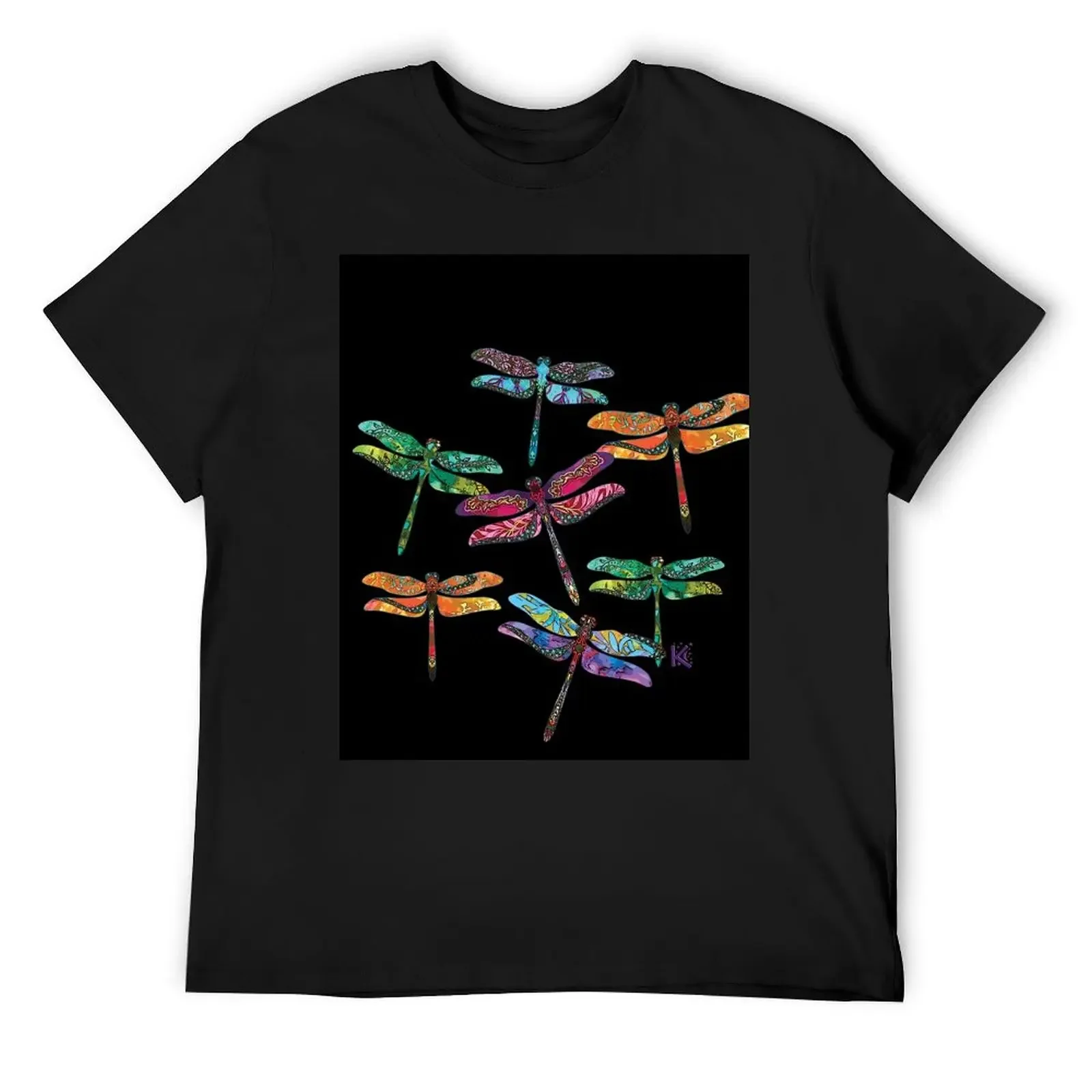 Magical Multicolored Dragonflies Dark Background T-Shirt quick-drying custom t shirt heavyweights T-shirt men