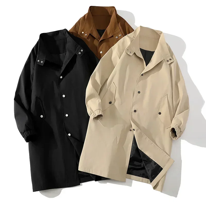 

Trench Single Breasted Coats Cardigan Stand Collar Men Jacket Sashes Long Sleeve Button Solid High Street Loose Fit Pockets
