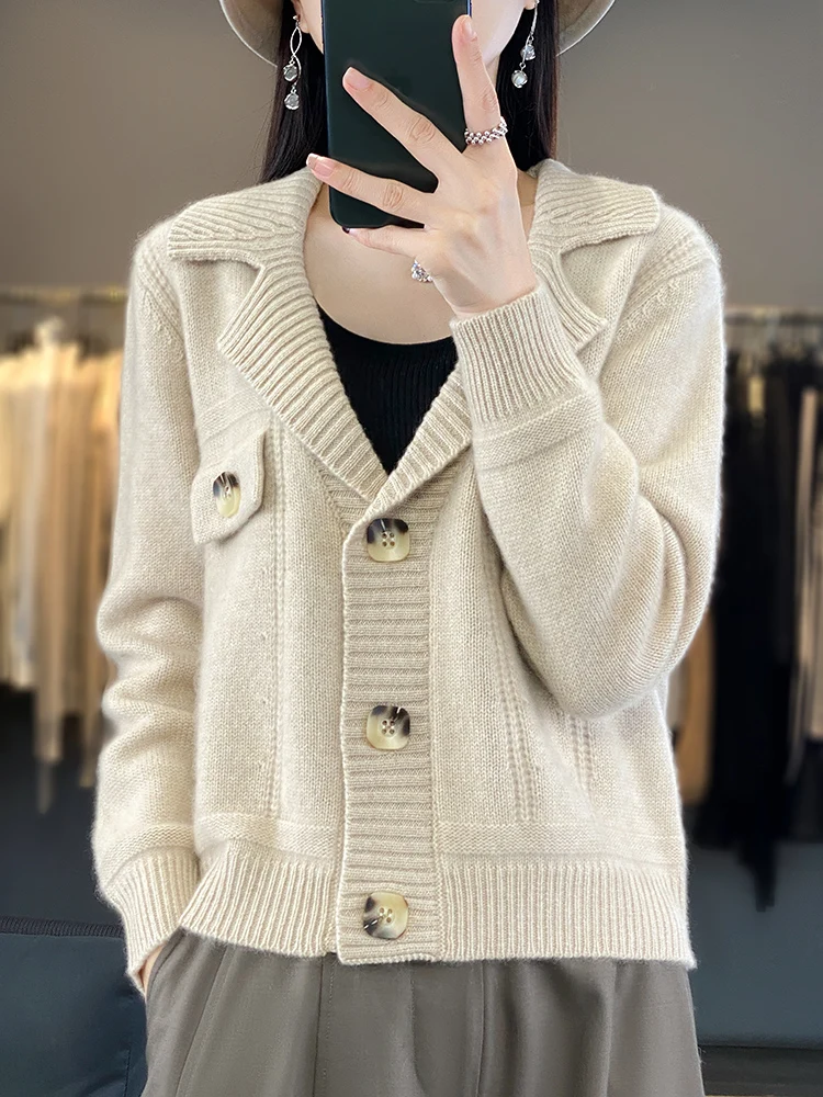 New Women's Turn-down Neck Cardigan Autumn Winter 100% Merino Wool Sweater Soft Comfort Knitwear Korean Female Short Coat