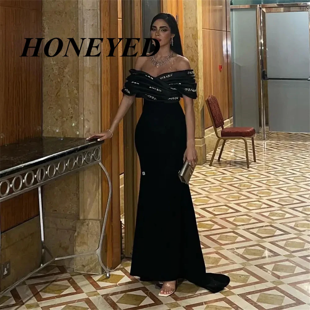 HONEYED Simple Black Off the Shoulder Elegant Floor-length Simple and Premium of the Bride Dress For Women Ruching Wedding Guest