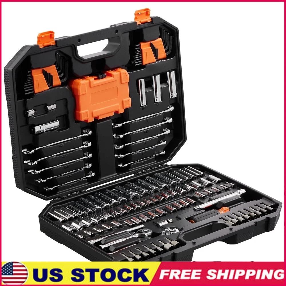 

145 Piece Mechanics Tool Set Socket Set 1/4 3/8 Drive Deep Standard Sockets CR-V Tool Kit High Torque Portable Storage Box