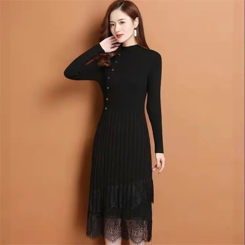 Vintage Knitted Dress Women's Autumn Winter Pullovers New Lace Matching Long Sweater Half High Collar Warm Bottoming Knitwears