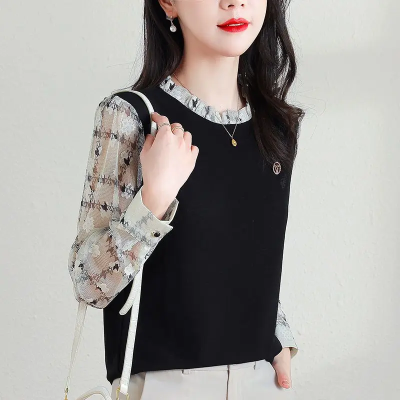 Weibliche Kleidung Casual Gedruckt Chiffon Patchwork Shirt Frühling Herbst Koreanische Rundhals Stilvolle Rüschen Lose Langarm Bluse