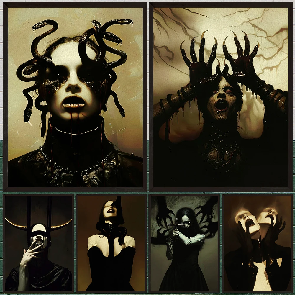Black Quee,Medusa,Lost Souls,Satan,Pagan Witch Portrait Wall Art Canvas Painting,Creepy Demon Fantasy Art Poster Print Decor