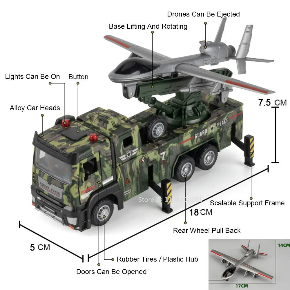1:32 Militär Drone Starten Fahrzeug Raketen Autos Spielzeug Diecast Modell Licht Musik Zurückziehen Türen Geöffnet Lkw Jungen Pädagogisches Spielzeug