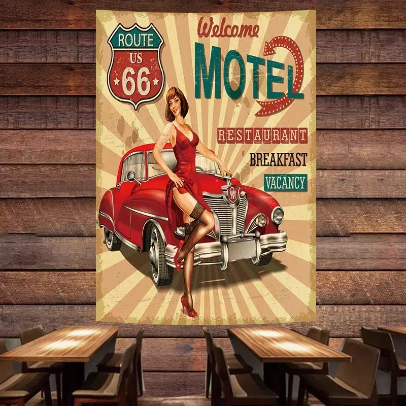 Welceome MOTEL Vintage Car Poster Tapestry Pin Up Girl Flag Wall Painting GARAGE Gas Station Auto Repair Shop Wall Decor Banner