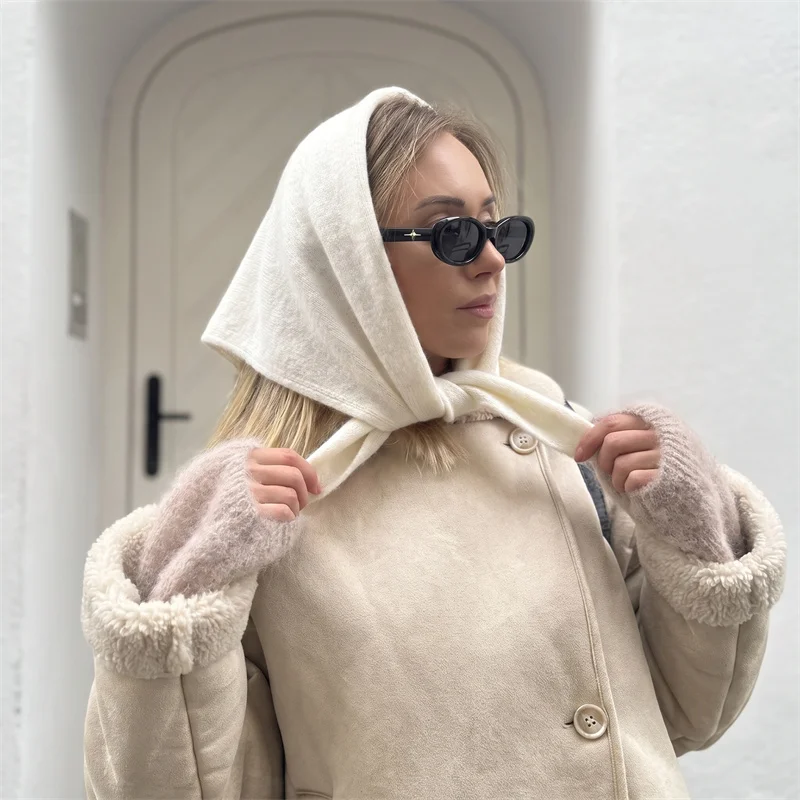 Womens Multi Wear Triangular Scarf Wool Blend Cream White Plain Hue Soft Head Wrap Light Thermal Shawl For All Occasions