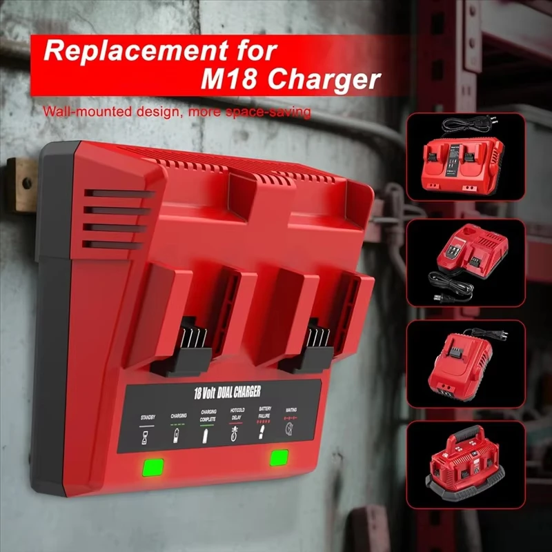 18V 6A 108W Rapid Charger Replacement for Milwaukee M18 Battery Charger Station 2Ports 48-59-1802 48-59-1812 US Plug