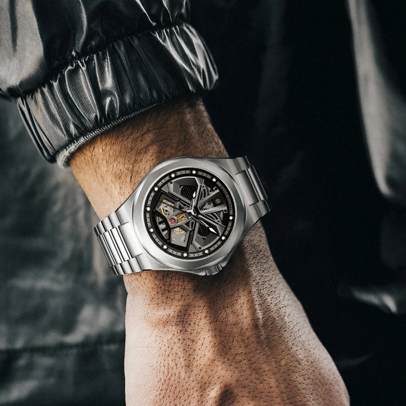 GORMAN Steampunk Skeleton Men's Watch Ring Luxury Automatic Mechanical Watches Luminous waterproof Stainless Steel Strap Watches