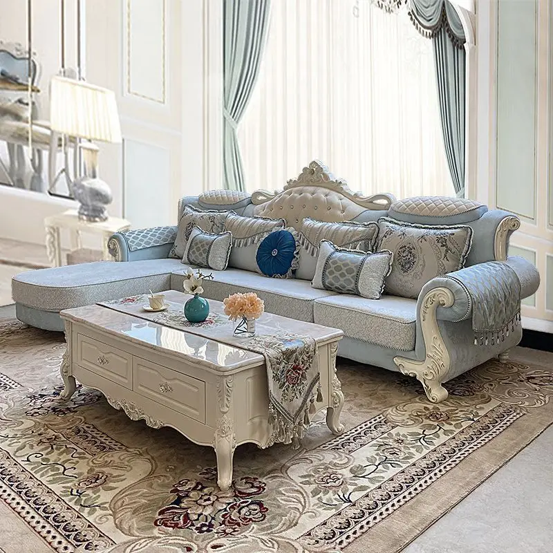

Leather sofa American light luxury solid wood carving flower sofa living room European sofa living room