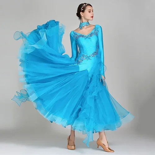 Ropa de baile moderna estándar de competición para mujer, trajes de escenario de vals de manga larga, vestido de baile de salón