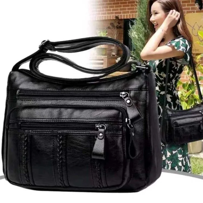 Middle-aged and elderly soft leather women's bags, fashionable and versatile middle-aged shoulder messenger bags