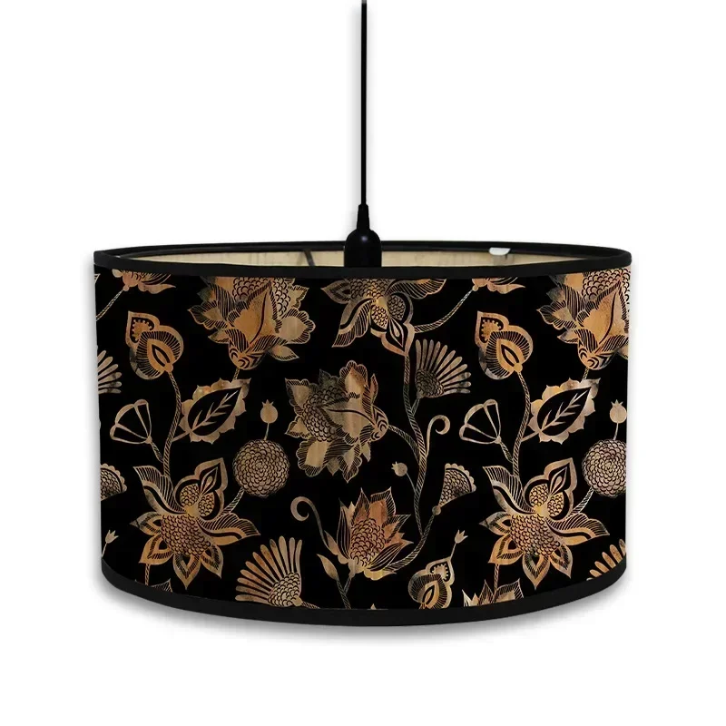 Foldable Hanging Floor Lamp with Light Cover Vintage Flower Print Lampshades Bamboo Handmade Lamp Cover Home Art Chandelier