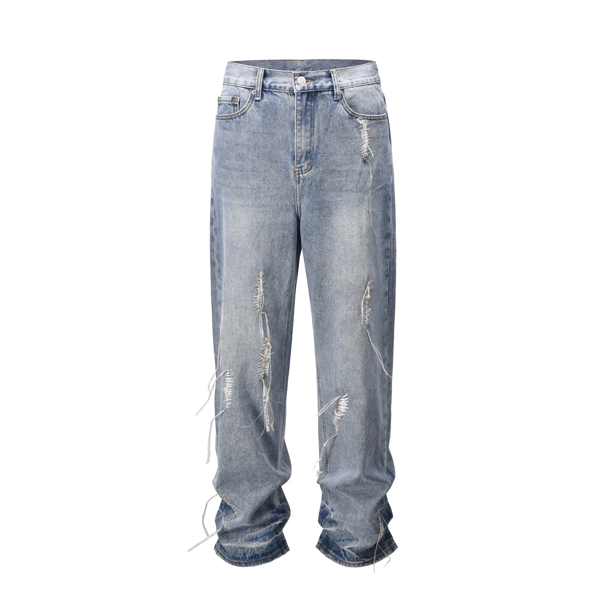 men plastic thread weaving distressed baggy lt blue jean