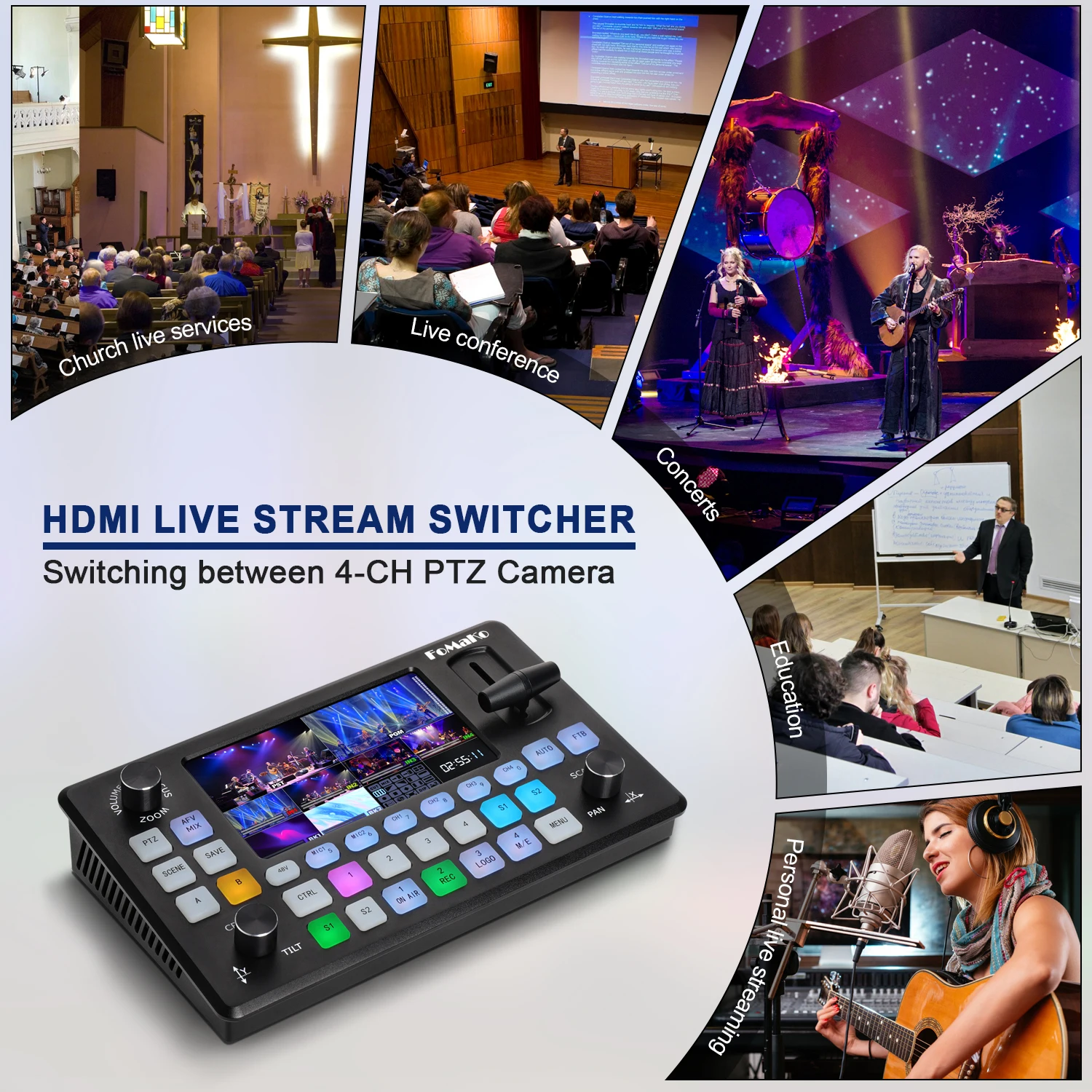 FoMaKo Video Mixer Switcher 5.5 Inch LCD Screen 4-Channel HDMI Live Streaming Switcher 1080p 60FPS (Does not Support 4K)KC601Pro