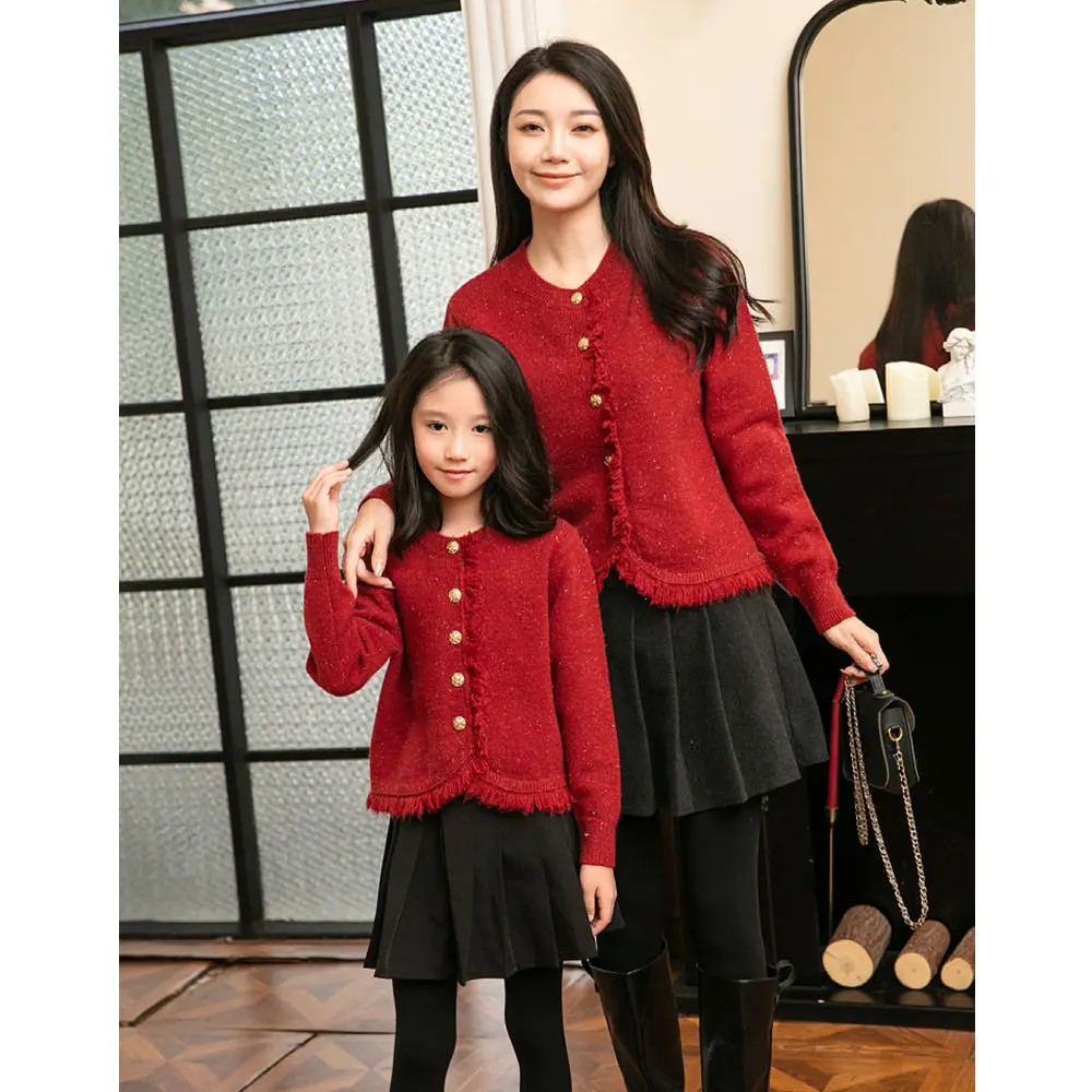 Mom & Daughter Long Sleeve Knit Cardigan Fashionable Red Matching Outfit Sweater Family Matching Round Neck Open Front Pullover