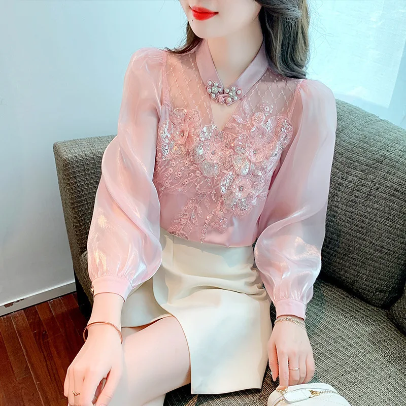 #2579 Pink Vintage Chiffon Blouse Women Stand Collar Hollow Out Sexy France Style Retro Sequined Flower Womens Tops And Blouses