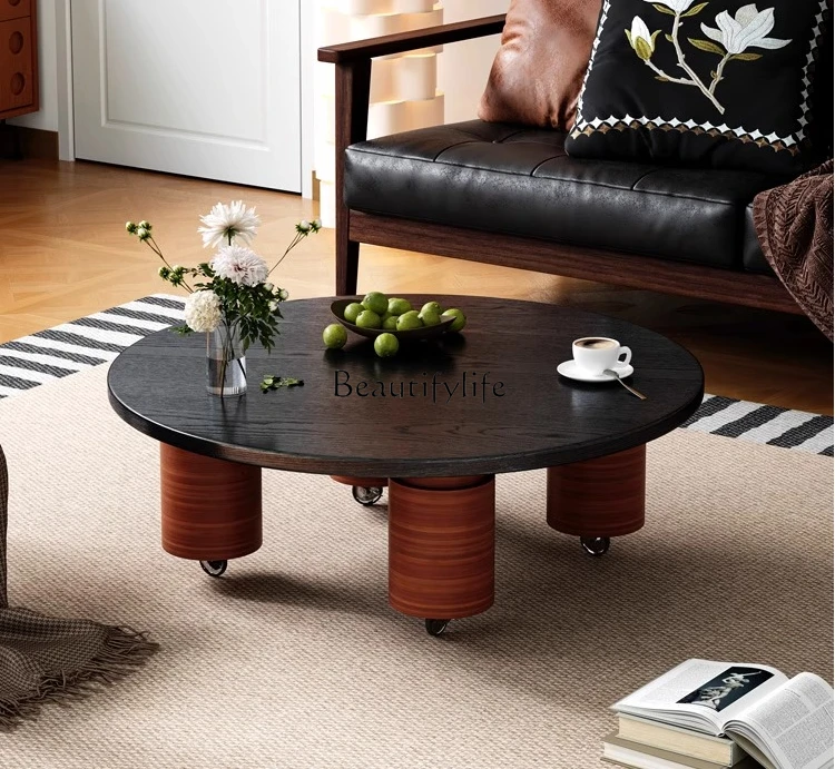 

Medieval style coffee table living room small apartment light luxury high-end sense movable solid wood round table