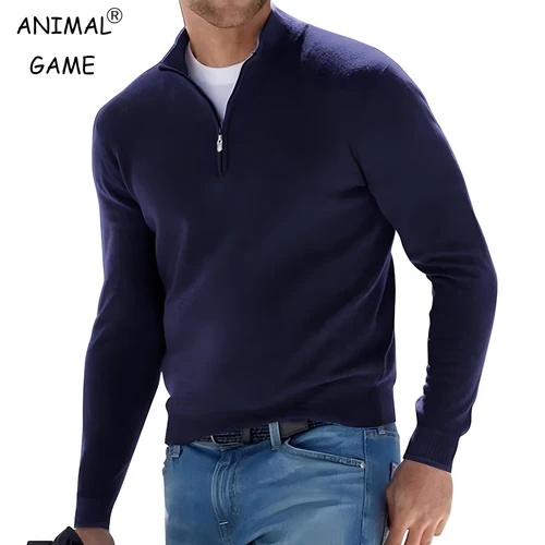 Nuevo jersey de manga larga para hombre, suéteres de Color sólido con media cremallera, suéter de punto con cuello en V, ropa de calle transpirable de gran tamaño para hombre