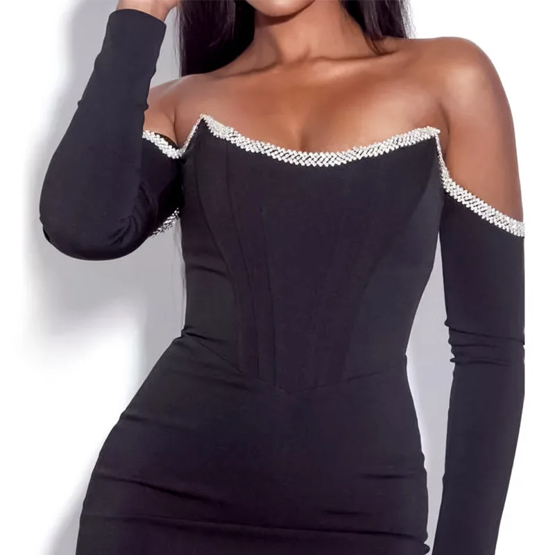 Dress Long Sleeve Black Fishbone Dress Women Rhinestone Sexy Off Shoulder Bodycon Party Dress Short Elegant Womens Party Dresses