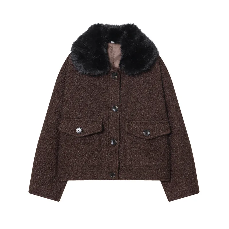 Spring Fashion Loose Furry Neck Twill Jacket