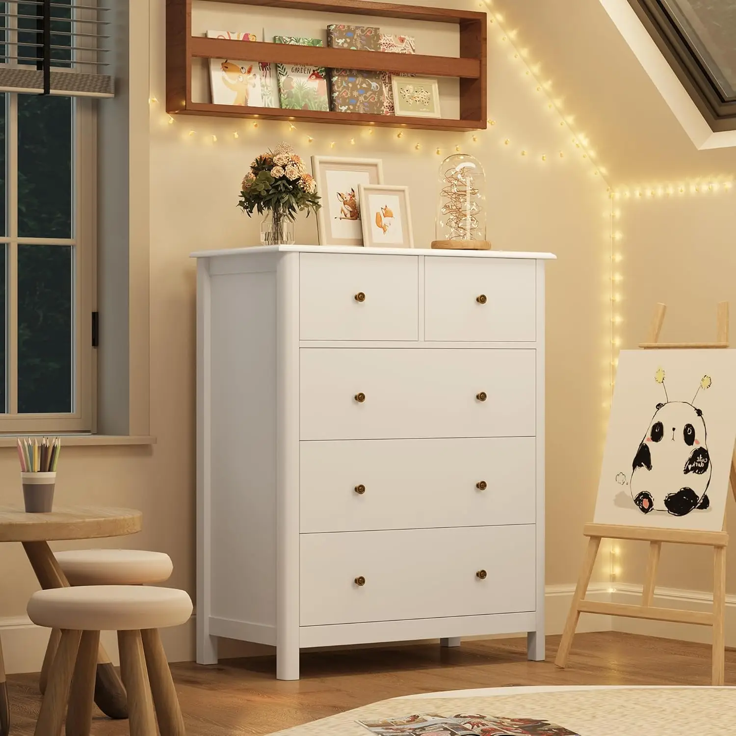 White Dresser with 5 Drawers, Tall Dresser Chest of Drawers, 5 Drawer Dresser with Deep Space, Wood Storage