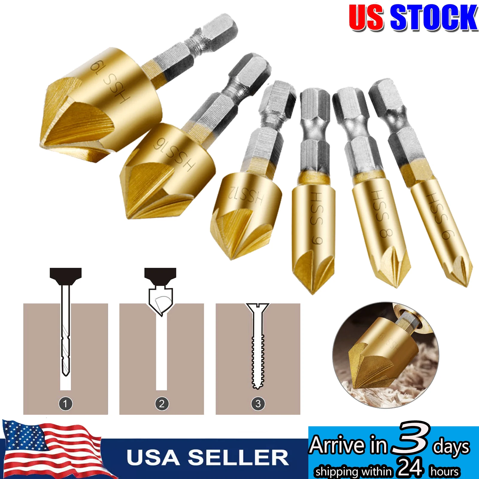 

Countersink Drill Bit 1/4'' Hex Shank HSS 5 Flute Countersink 90 Degree Center Punch Tool Sets for Wood 6mm-19mm