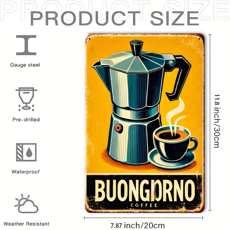 [2D Flat] Vintage Italian Coffee Metal Sign - 30x20cm Retro Wall Art with 