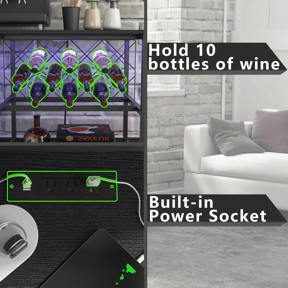 Coffee Table with Power Socket and LED Light, Three Tiers Coffee Bar Table Wine Rack Liquor Bar with Large Storage