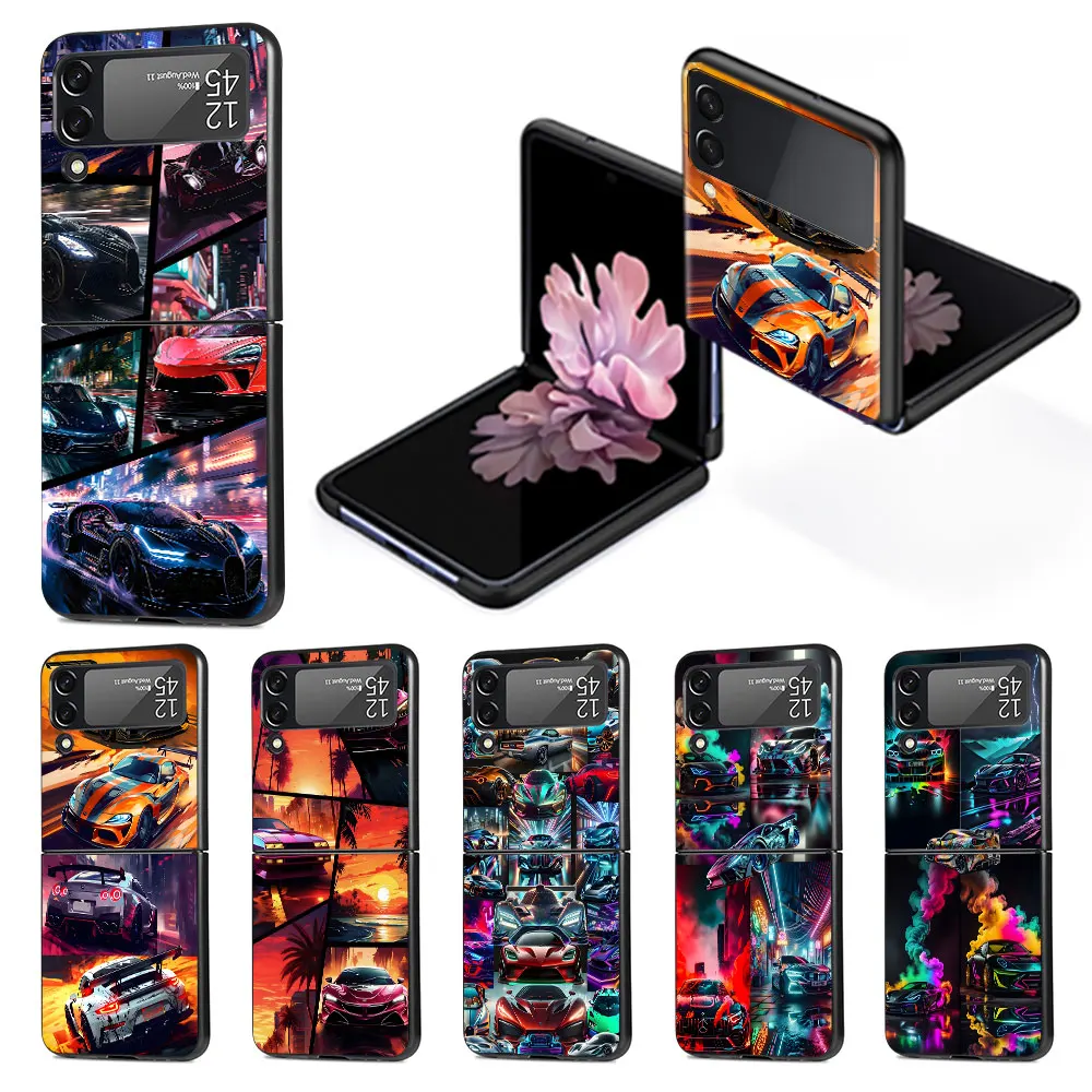 Cool Sports Car Mobile Phone Case for Samsung Galaxy Z Flip 4 3 5G Black Hard PC Cover Zflip4 Zflip3 Coque Flip4 Flip3 Funda