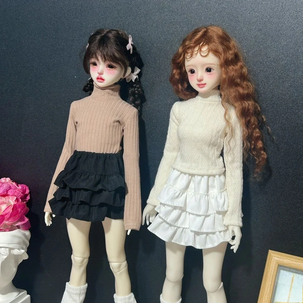 1/4 Doll's Clothes Set for 45cm Bjd Doll Diy Girl Toys Play House Knitted High Neck Sweater Top+skirt Doll Accessories, No Doll