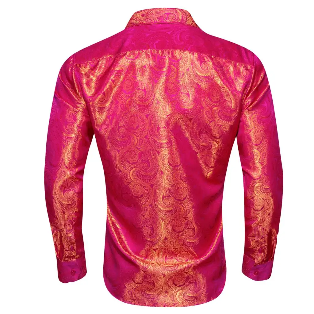 Luxury Shirts for Men Silk Embroidered Rose Red Gold Paisley Long Sleeve Slim Fit Male Blouses Turn Down Collar Tops Barry Wang