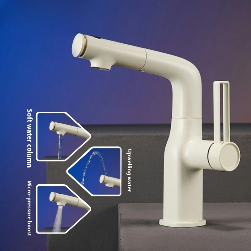 

Lift and pull Lamian Noodles basin faucet, white bathroom faucet, pull two function faucet with lift