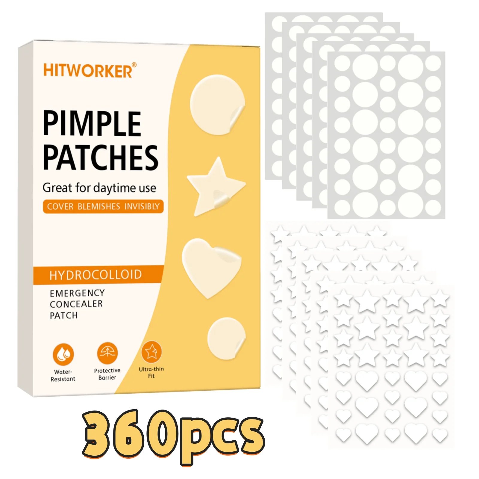 360Pcs Mixed Shape Acne Pimple Patches, Round Heart Star Hydrocolloid Blemish Spot Stickers, Oil Absorbing Invisible Covers for