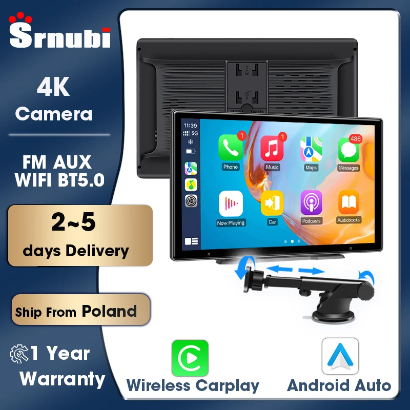 Srnubi, sistema audio e video universale per auto con schermo da 10,1 pollici, lettore multimediale con radio, navigazione GPS e connettività 5G WiFi, CarPlay e Android Auto wireless, visione