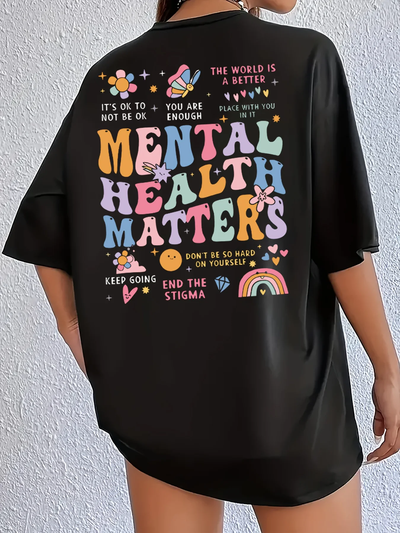 Camiseta para mujer Mental Health Matters - Diseño gráfico positivo, top informal negro de gran tamaño