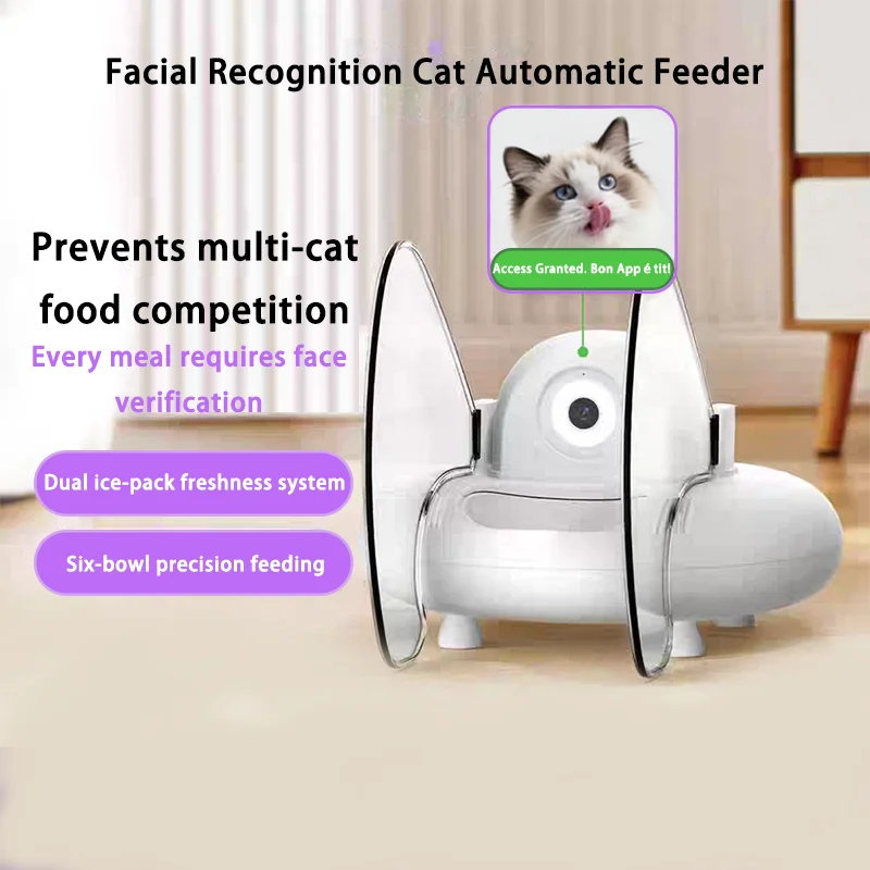 Face Recognition Automatic Pet Feeder, 6-Bowl HD Leakproof Charging Design for Multi-Cat  Daily Feeding