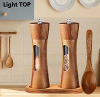 Wood Pepper Grinder Shaker Adjustable Ceramic Core Grinding Bottle with Base Wood Salt Pepper Mills for Kitchen Cooking BBQ