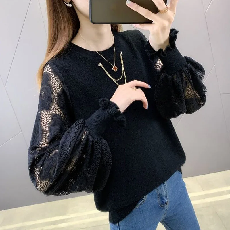 New Spring and Autumn Fashion Trend Hollow Out Embroidered Round Neck Foreigner Versatile Loose Thin Long Sleeve Knitted Sweater