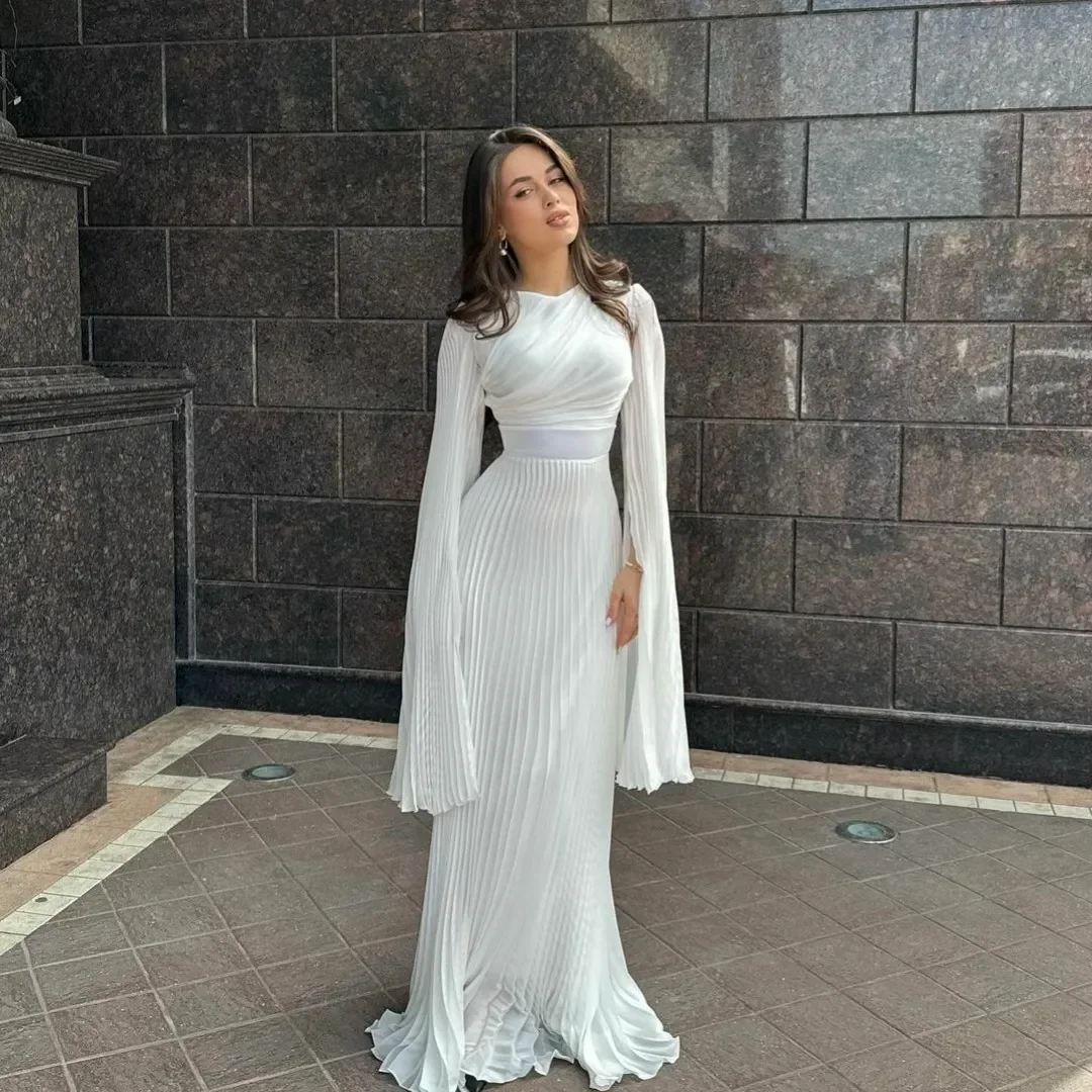 Customized Classic Long Sleeve O Neck Chiffon Evening Dresses Straight Pleated Floor Length Prom Dresses for Women Special Ocn