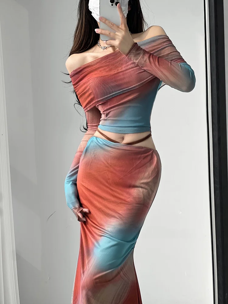 Sexy adient Dyed ter Top And Fi Tail  Skirt Set Alluring Women's Faion Ensemble for Young Adults Spring 2025