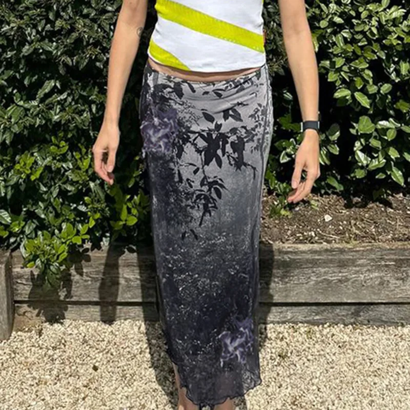 

Autumn new contrasting blocking slim fit personalized plant printed wrapper mesh long skirt
