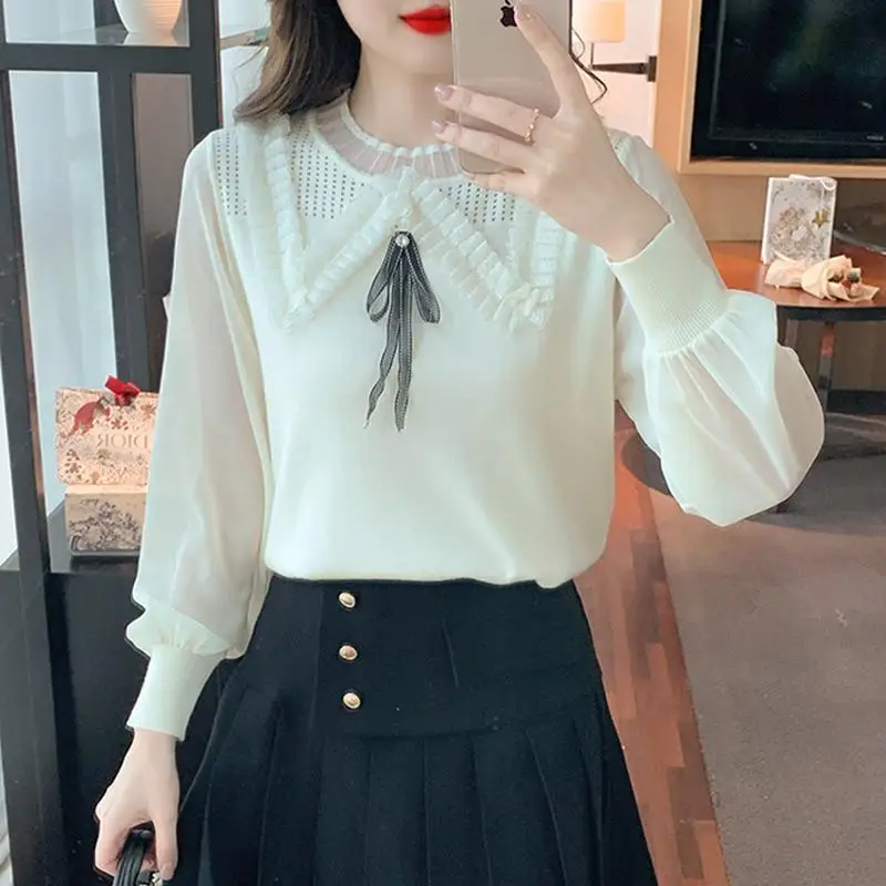 2024 New Spring and Autumn Japanese Sweet and Fresh Long Sleeve Blouse Solid Color Round Neck Spliced Bow Women\'s Shirt Top