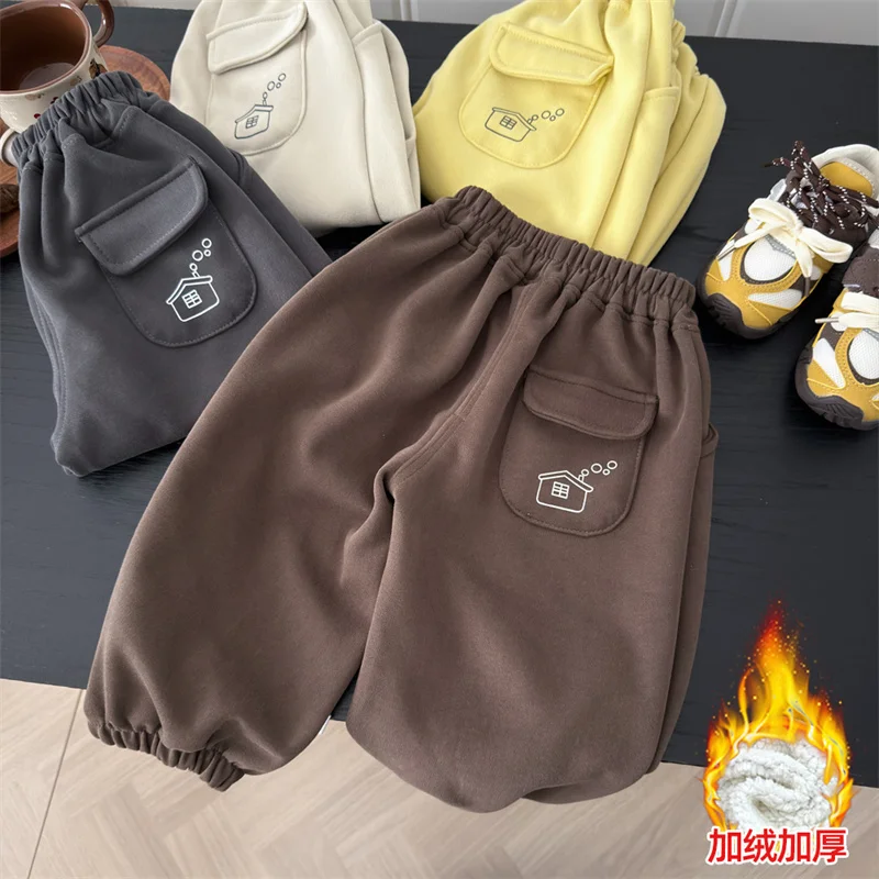 Winter Warm Comfort Pants Children Outdoor Casual Thick Plush Cartoon Print Versatile Trousers Kids Daily Thermal Loose Trousers